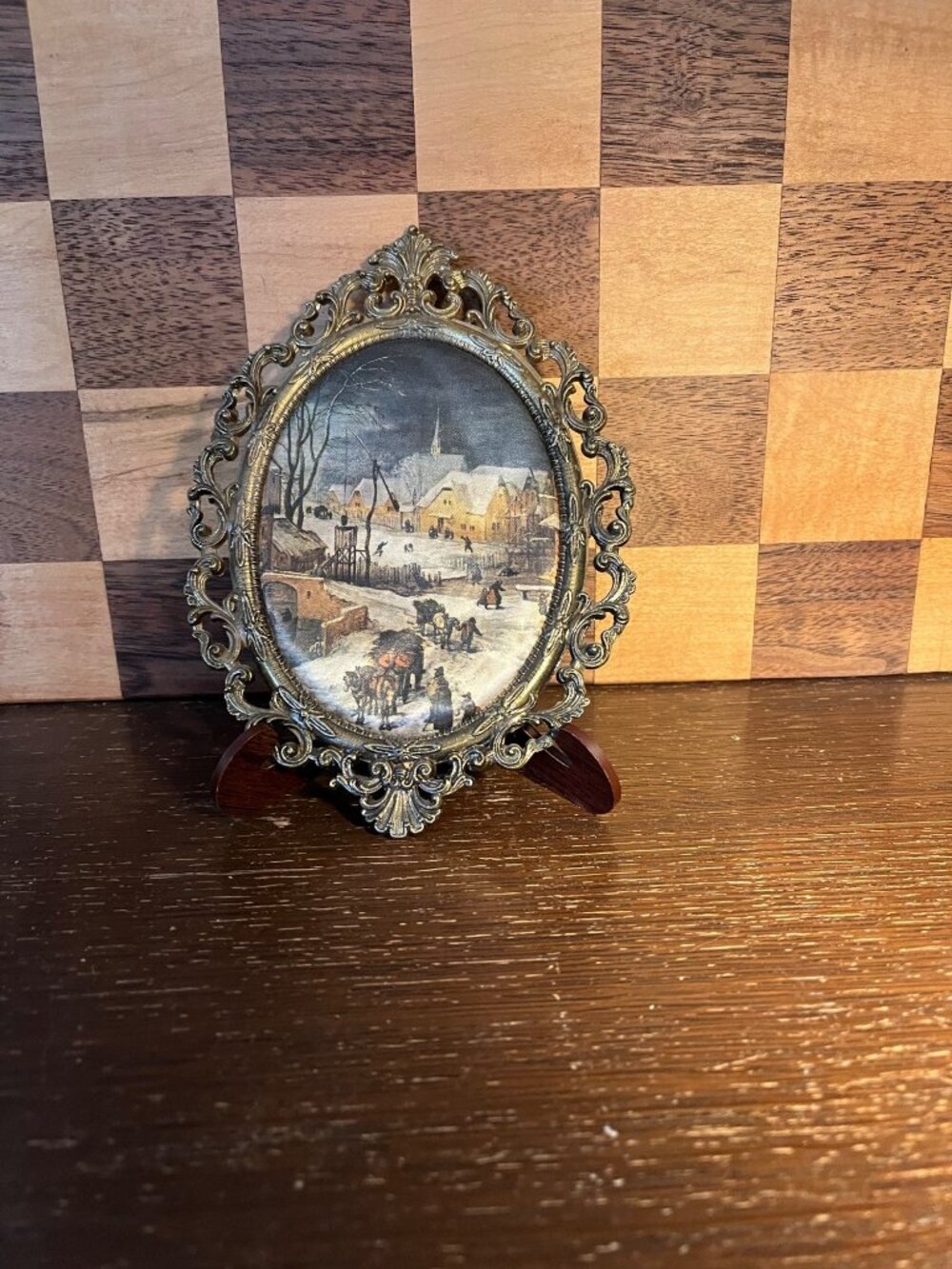 Vintage Ornate Italian Metal Frame With Clothe Winter Scene